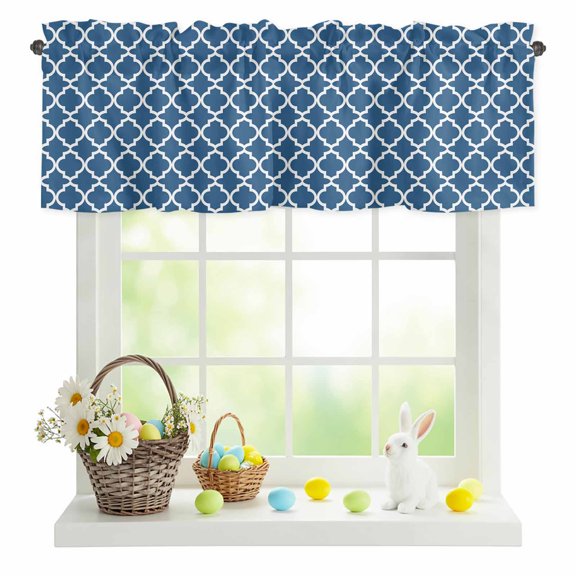 Valances for Windows Dark Blue Moroccan Country Plaid Rod Pocket Short Curtain for Bathroom Living Room Bedroom White Line 1 Panel 42x12in