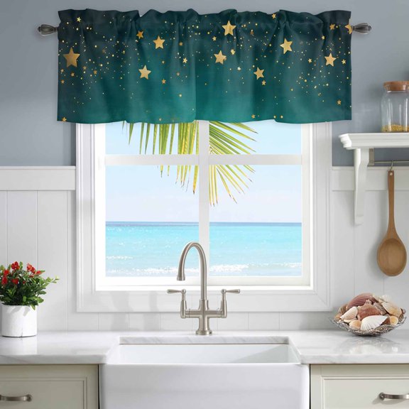 Valances for Windows Dream Yellow Star on Teal Blue Rod Pocket Short Curtain for Bathroom Living Room Bedroom Night Starry Sky 1 Panel 42x12in