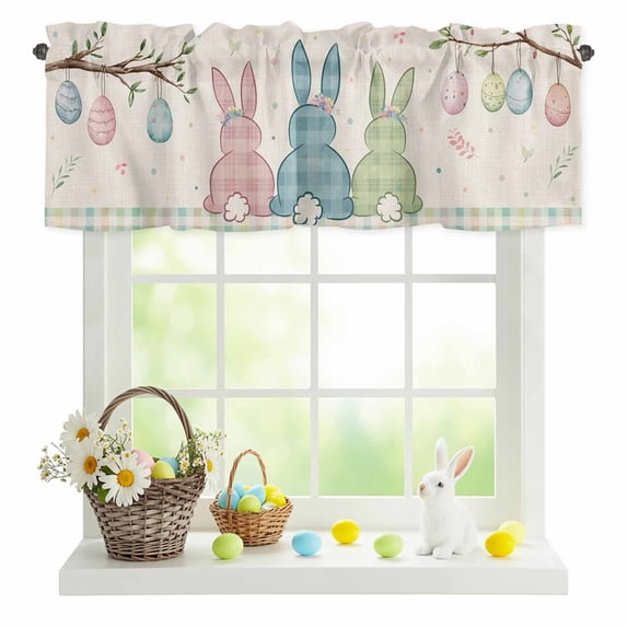 Valances for Windows Easter Colorful Bunny on Vintage Linen Rod Pocket Short Curtain for Bathroom Living Room Bedroom Egg on Branches 1 Panel 54x18in