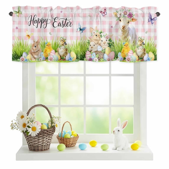 Valances for Windows Easter Egg Rabbit Sheep Rod Pocket Short Curtain for Bathroom Living Room Bedroom Meadow Daisy Herb Pink Plaid 1 Panel 54x18in