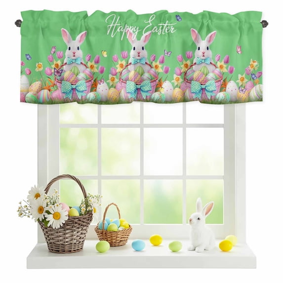 Valances for Windows Easter Rabbit Egg on Green Rod Pocket Short Curtain for Bathroom Living Room Bedroom Spring Tulip Butterfly 1 Panel 42x12in