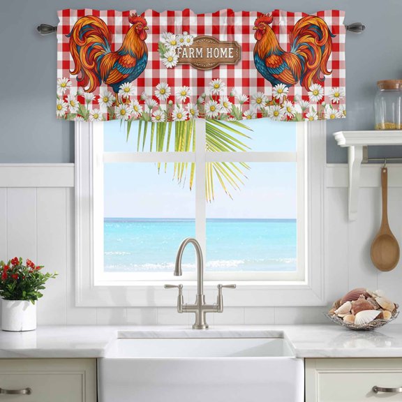 Valances for Windows Farm Big Cock Little Daisy Rod Pocket Short Curtain for Bathroom Living Room Bedroom Red White Plaid 1 Panel 54x18in