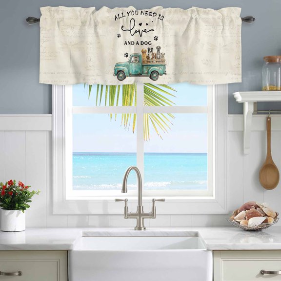 Valances for Windows Farm Green Old-fashioned Trucks Dog Rod Pocket Short Curtain for Bathroom Living Room Bedroom Vintage Dog Paw 1 Panel 54x18in