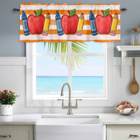 Valances for Windows Fruit Apples Pencils Crayons Rod Pocket Short Curtain for Bathroom Living Room Bedroom Orange Striped 1 Panel 54x18in