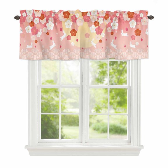 Valances for Windows Japanese Style Rabbit Rod Pocket Short Curtain for Bathroom Living Room Bedroom Wave Pattern Cherry Blossom 1 Panel 42x12in