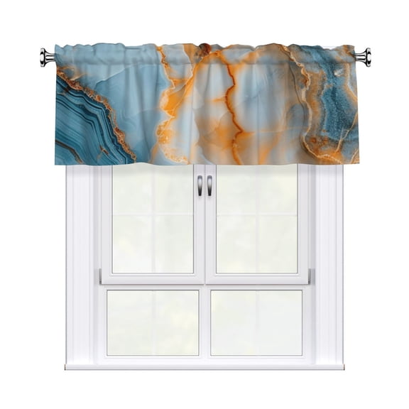 Valances for Windows Kitchen Curtains Small Treatments Valance, Marble Pattern Blue Gold 42x12 inch