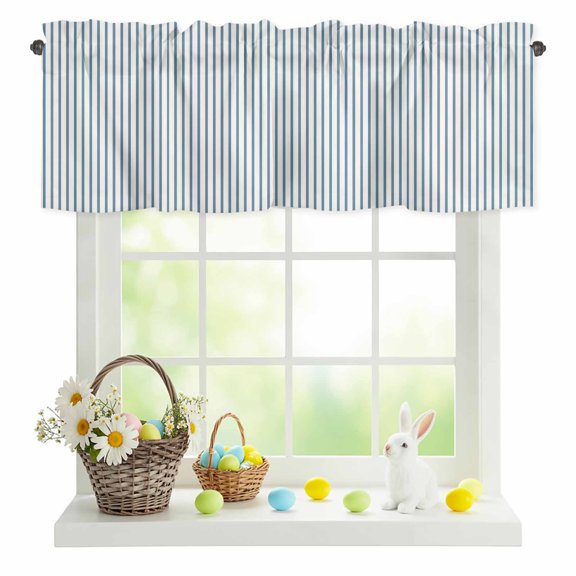 Valances for Windows Light Blue White Pinstriped Rod Pocket Short Curtain for Bathroom Living Room Bedroom Classic Geometric Striped 1 Panel 42x12in