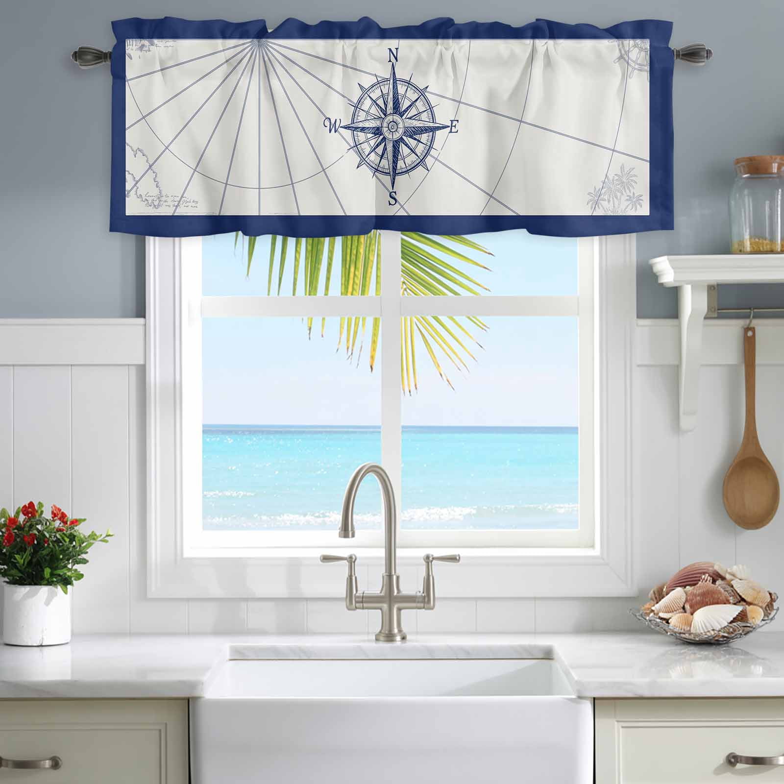 Natucial Rutter Valances for Windows Nautical Vintage Compass Rudder Rod Pocket Short ...