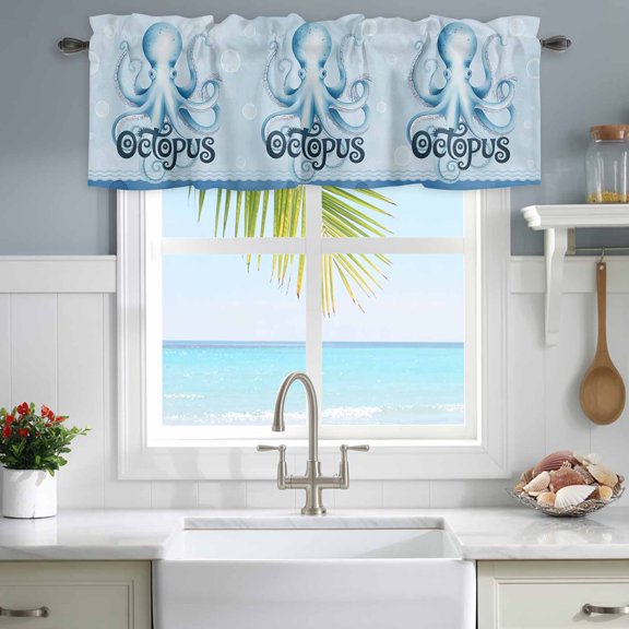 Valances for Windows Ocean Sea Octopus Bubble Rod Pocket Short Curtain for Bathroom Living Room Bedroom Underwater Animal Blue Theme 1 Panel 42x12in