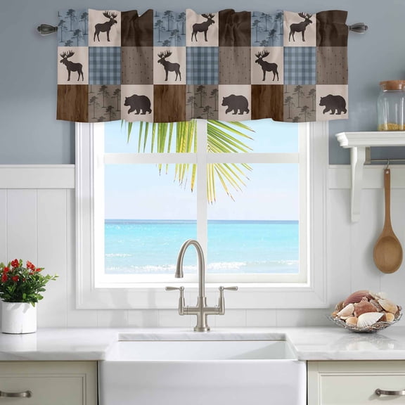 Valances for Windows Retro Deer Bear Plaid Check Rod Pocket Short Curtain for Bathroom Living Room Bedroom Abstract Patchwork Pattern 1 Panel 42x12in