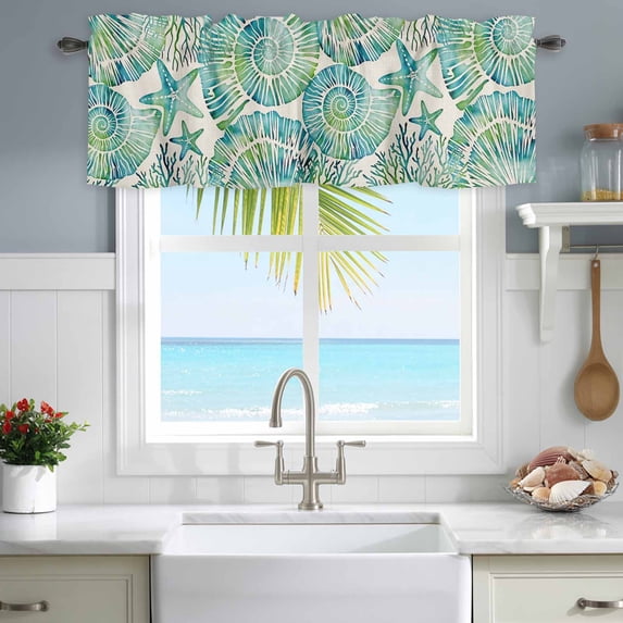Valances for Windows Retro Green Seashells Starfish Corals Rod Pocket Short Curtain for Bathroom Living Room Bedroom Underwater World 1 Panel 42x12in