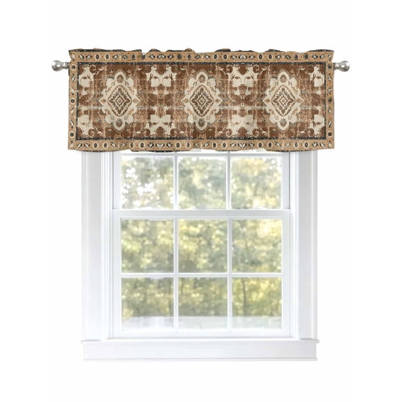 Valances for Windows Retro Traditional Ethnic Tribal Floral Rod Pocket Short Curtain for Bathroom Living Room Bedroom Light Brown 1 Panel 54x18in