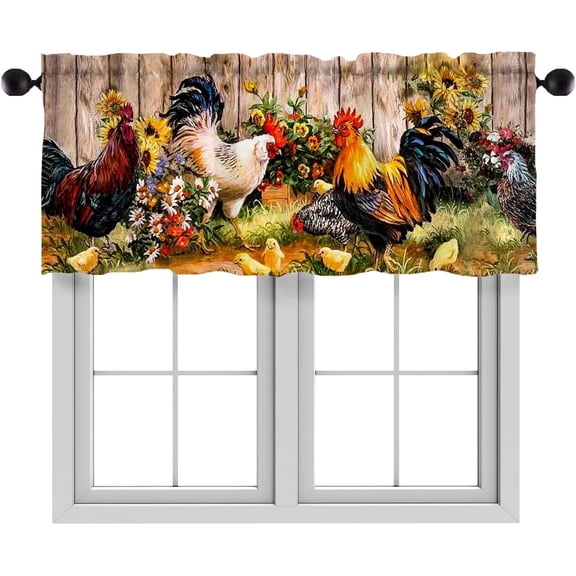 Valances for Windows,Rod Pocket,52 x 18 inch,Roosters Wood Background