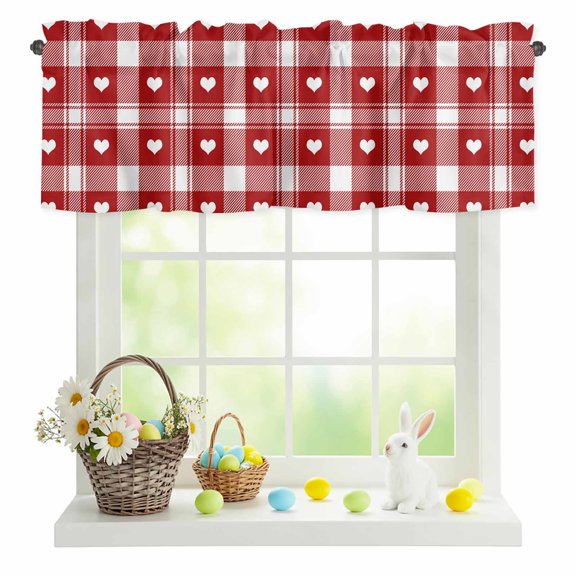 Valances for Windows Romantic Valentines Love Heart Buffalo Plaid Check Rod Pocket Short Curtain for Bathroom Living Room Bedroom Red 1 Panel 42x12in