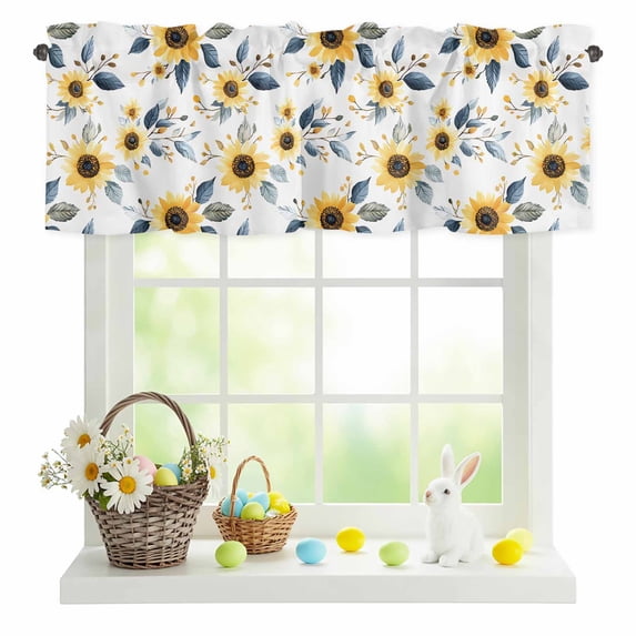 Valances for Windows Spring Sunflower Leaf Seamless Rod Pocket Short Curtain for Bathroom Living Room Bedroom Farm Blossom Floral 1 Panel 54x18in