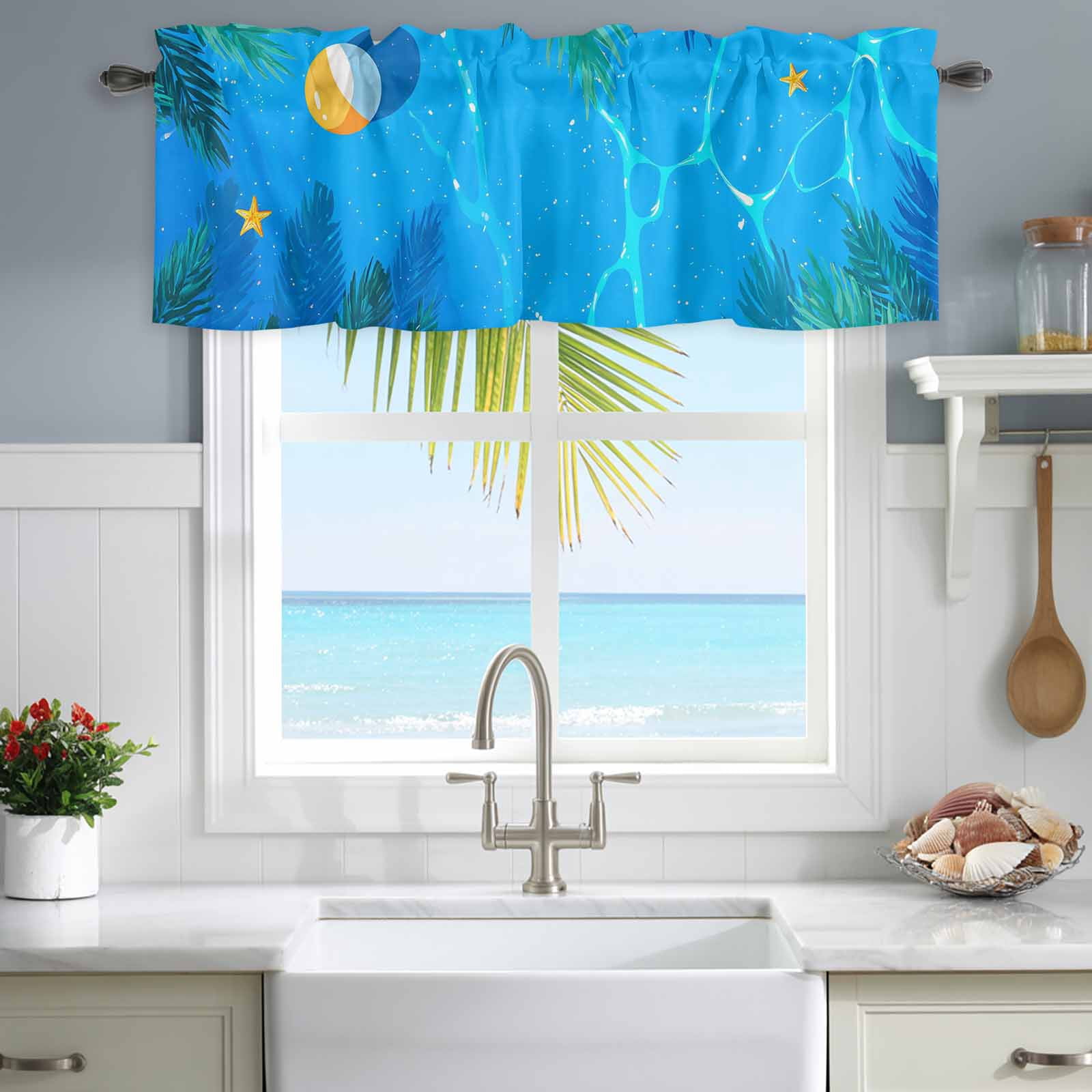 Valances for Windows Summer Pool Water Palm Leaves Rod Pocket Short ...