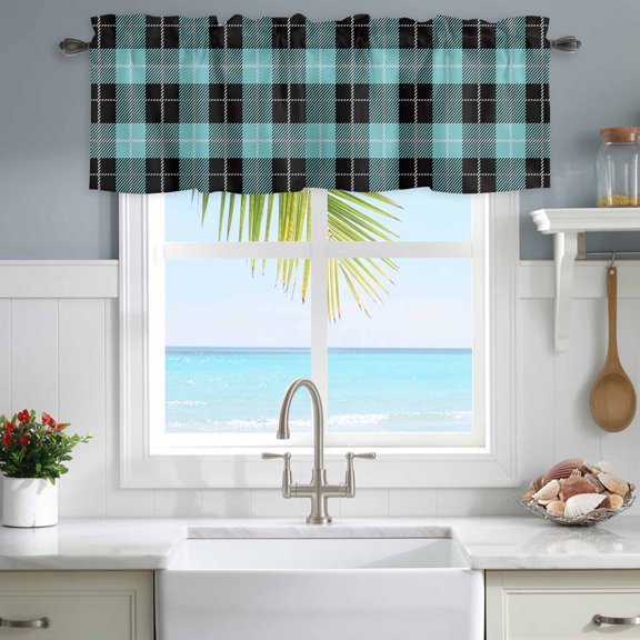 Valances for Windows Tartan Plaid Buffalo Grid Pattern Rod Pocket Short Curtain for Bathroom Living Room Bedroom Teal and Black 1 Panel 42x12in