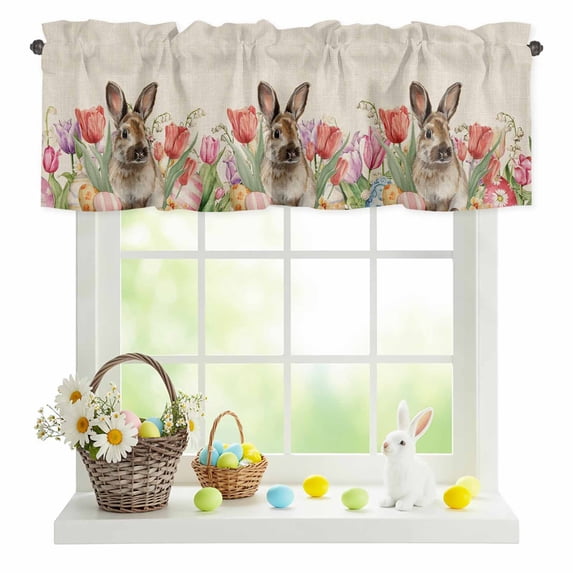 Valances for Windows Vintage Easter Rabbits Rod Pocket Short Curtain for Bathroom Living Room Bedroom Red Pink Tulips on Linen 1 Panel 42x12in