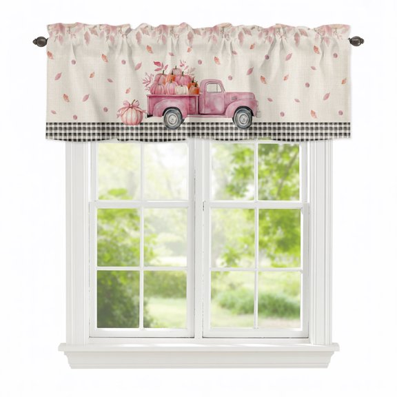 Valances for Windows Vintage Pink Pickup Pumpkins Rod Pocket Short Curtain for Bathroom Living Room Bedroom Cascading Leaf on Linen 1 Panel 42x12in