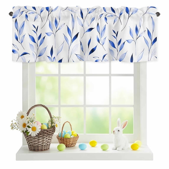 Valances for Windows Watercolor Abstract Blue Leaves Rod Pocket Short Curtain for Bathroom Living Room Bedroom Pastoral Botanical 1 Panel 42x12in