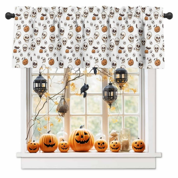 Valances for Windows Watercolor Autumn Ghost Pumpkin Rod Pocket Short Curtain for bathroom living room bedroom Halloween Skull Bat 1 Panel 42x12in