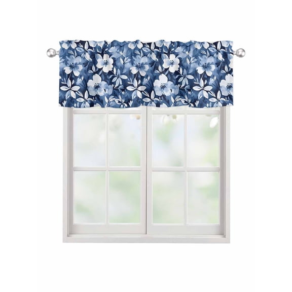 Valances for Windows White Blue Rod Pocket Cafe Window Treatments Valance Curtains for Kitchen Bathroom Laundry Basement Windows 42"x12"