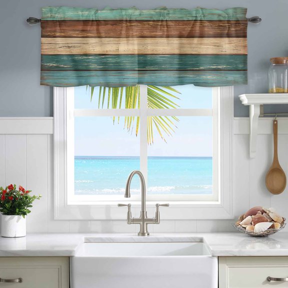 Valances for Windows Wood Planks in Teal Brown Rod Pocket Short Curtain for Bathroom Living Room Bedroom Rustic Farmhouse Background 1 Panel 54x18in