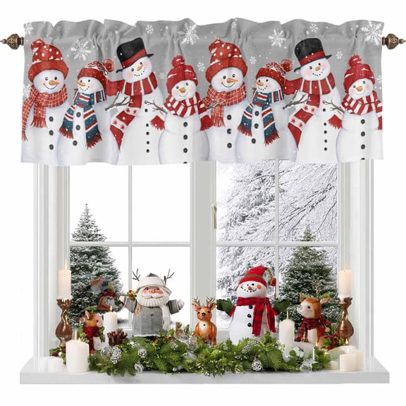Valances for Windows Xmas Snowman Snowflakes on Grey Rod Pocket Short Curtain for bathroom living room bedroom Winter Falling Snow 1 Panel 54x18in