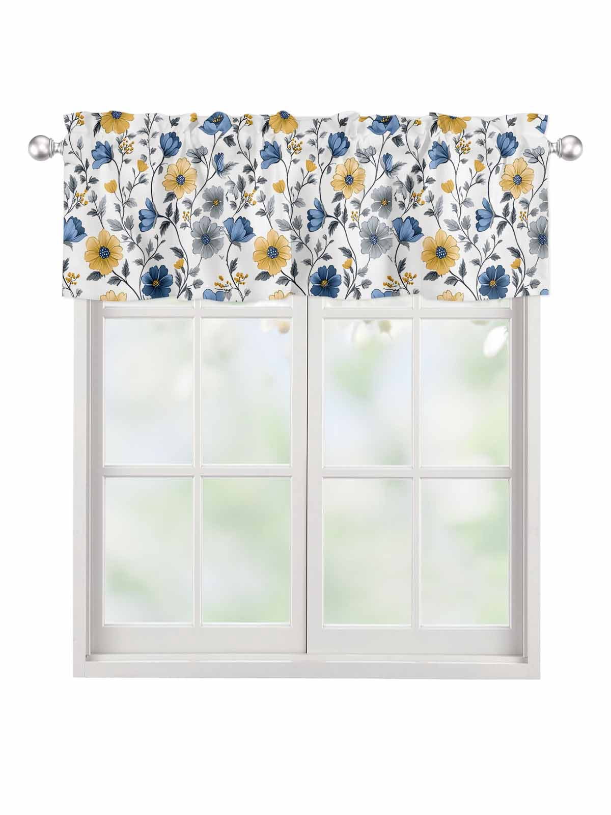 Valances for Windows Yellow Blue Floral Rod Pocket Cafe Window ...