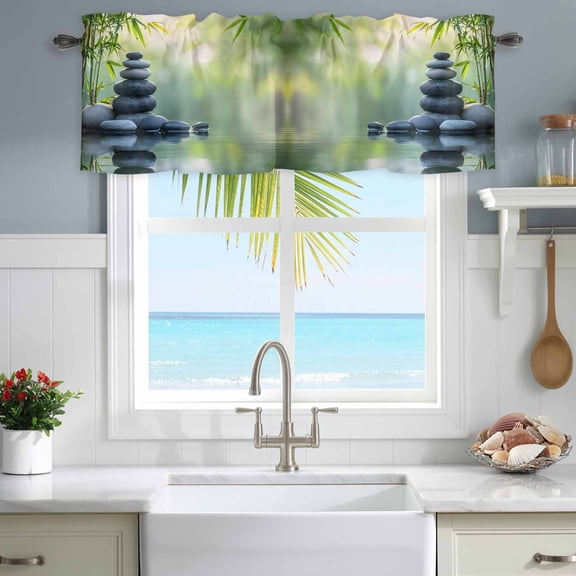 Valances for Windows Zen Meditation Stone Lake Rod Pocket Short Curtain for Bathroom Living Room Bedroom Nature Landscape Still Life 1 Panel 54x18in