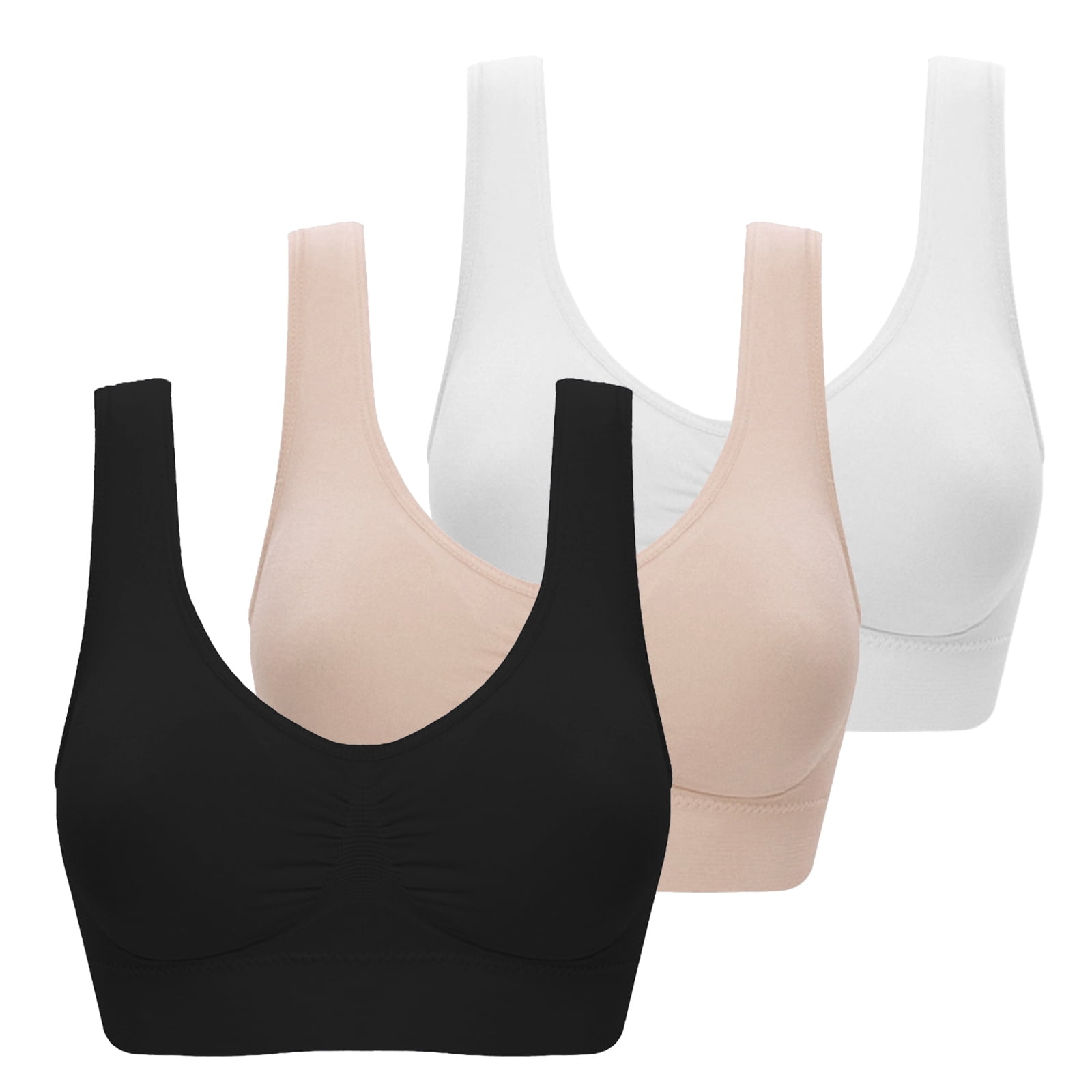 Valcatch 3 Pack Sports Bras for Women Wirefree Mesh Breathable Underwear  with Pads Push up Bra Plus Size(Black/White/Beige,2XL)