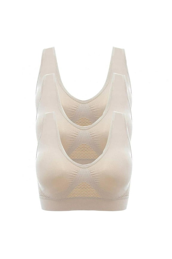 3 Pack Sports Bras for Women Wirefree Mesh Breathable Underwear with Pads Push up Bra Plus Size(Beige,2XL)