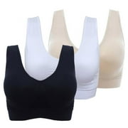 Valcatch 3 Pack Sports Bras for Women Wirefree Mesh Breathable Underwear with Pads Push up Bra Plus Size(Black/White/Beige,3XL)