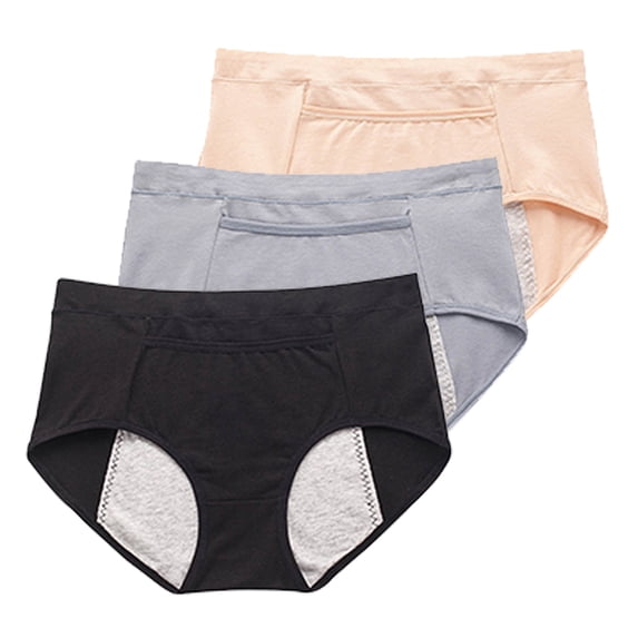 Valcatch 3 Pack Women's Menstrual Period Underwear Mid Waist Cotton Postpartum Briefs with Pocket(Black&Gray&Apricot)