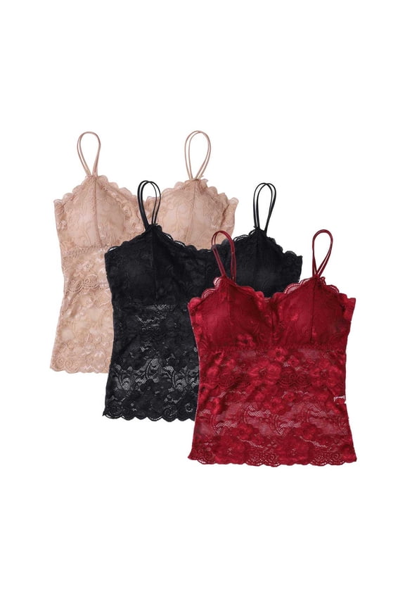 3-pack Women Sexy Lace Padded Camisoles Spaghetti Strap Shelf Bra Tops Breathable Cami Undershirt