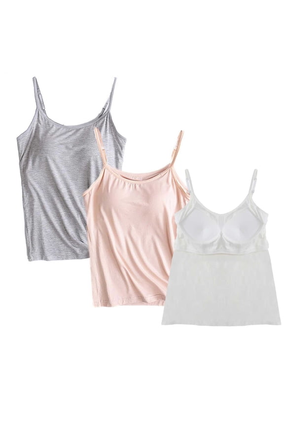 3-pack Womens Built-in Bra Padded Camisole, Adjustable Spaghetti Strap Soft Yoga Tank Tops for Daily Wear