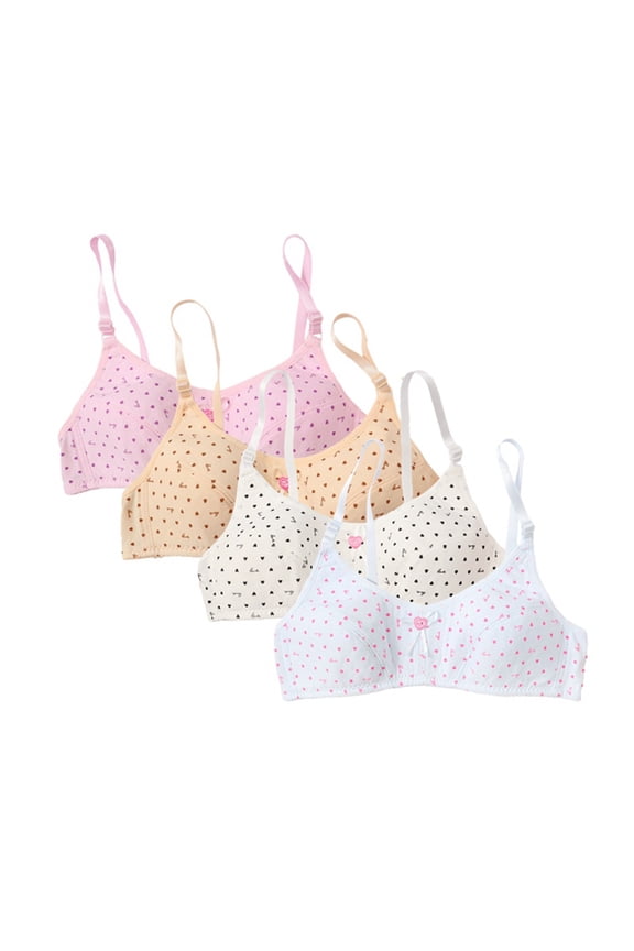 4-pack Teens Training Bras, Cute Bow & Heart Print, Comfortable Breathable, Adjustable Straps, All-Season Everyday Wear