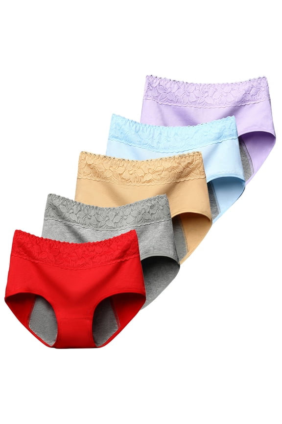 5 Pack Menstrual Period Underwear for Women Mid-Rise Floral Cotton Postpartum Briefs Full Coverage Leak-Proof Stretch Briefs