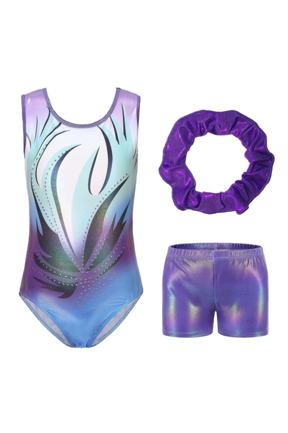 Gymnastics Leotards for Girls Sleeveless with Shorts and Hairband Set Sparkly Biketards Ballet Dance Activewear for Kids 5-12 Years