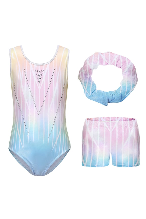 Kid Girls Gymnastics Leotards Set Sleeveless Sparkly Dance Biketards with Tumbling Shorts Ballet Outfit for 5-14 Years