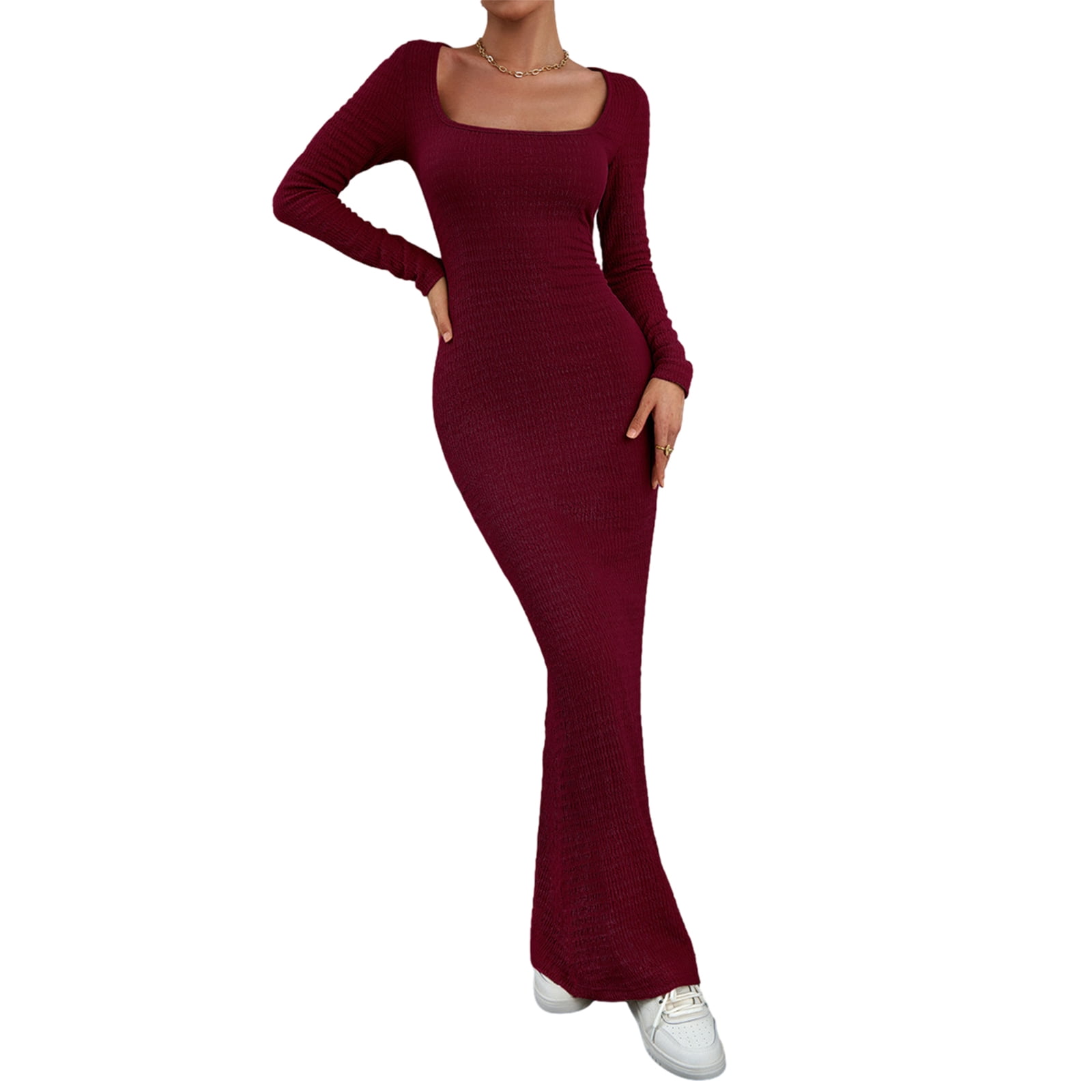 Valcatch Maxi Dress for Women Long Sleeve Square Neck Bodycon Long Dress Soft Slim Lounge Dress