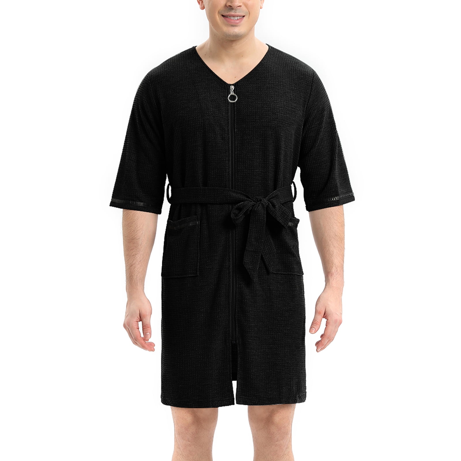 Valcatch Men Zipper Robe Half Sleeve Housecoat Waffle Knit Cotton