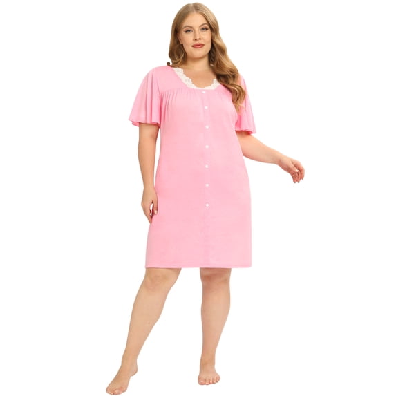 Valcatch Nightgowns for Women Lace Sleepshirt Button Down Short Sleeve Sleepwear V Neck Plus Size Nightshirt