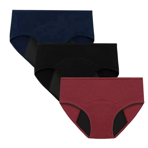 Valcatch Period Underwear for Women Leak Proof Cotton Overnight Menstrual Panties Briefs 3 Pack (2XL, Wine Red/Black/Blue With Dark Lining)