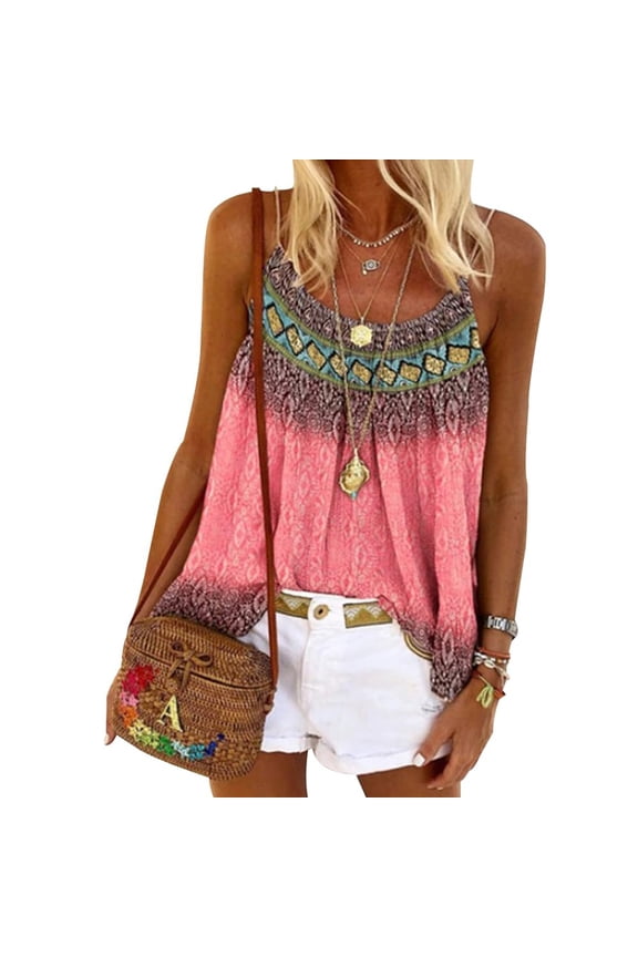 Womens Summer Tank Tops Vacation Loose Cami Spaghetti Strap Tunic Blouses