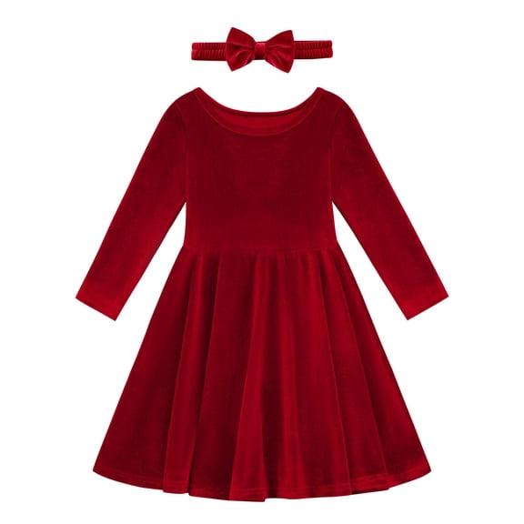 Valcatch Toddler Girl Velvet Long Sleeve Swing Dress with Hairband Christmas Outfit for 2-7 Years (Spring/Fall/Winter)