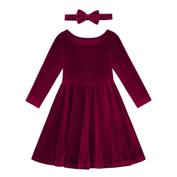 Valcatch Toddler Girl Velvet Long Sleeve Swing Dress with Hairband Christmas Outfit for 2-7 Years (Spring/Fall/Winter)