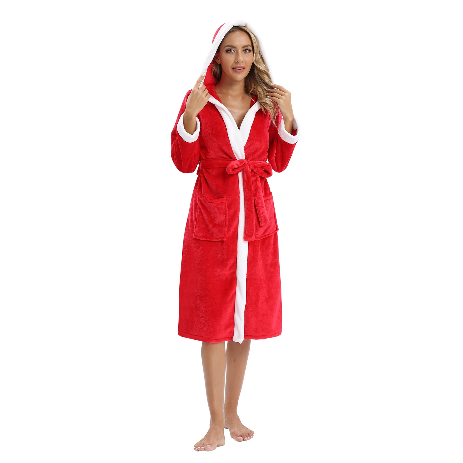 Valcatch Women Fleece Hooded Bathrobe Plush Long Robe with Pockets