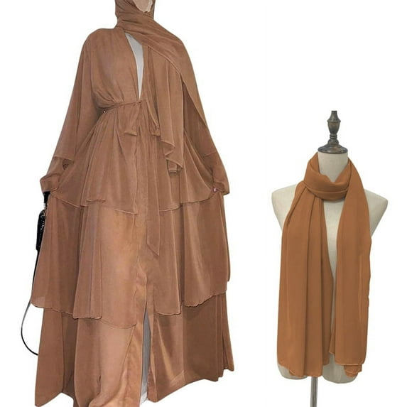 Valcatch Women Muslim Dress Chiffon Open Front Cardigan Abaya Dress with Hijab Middle East Arabian Prayer Belted Eid Long Dress