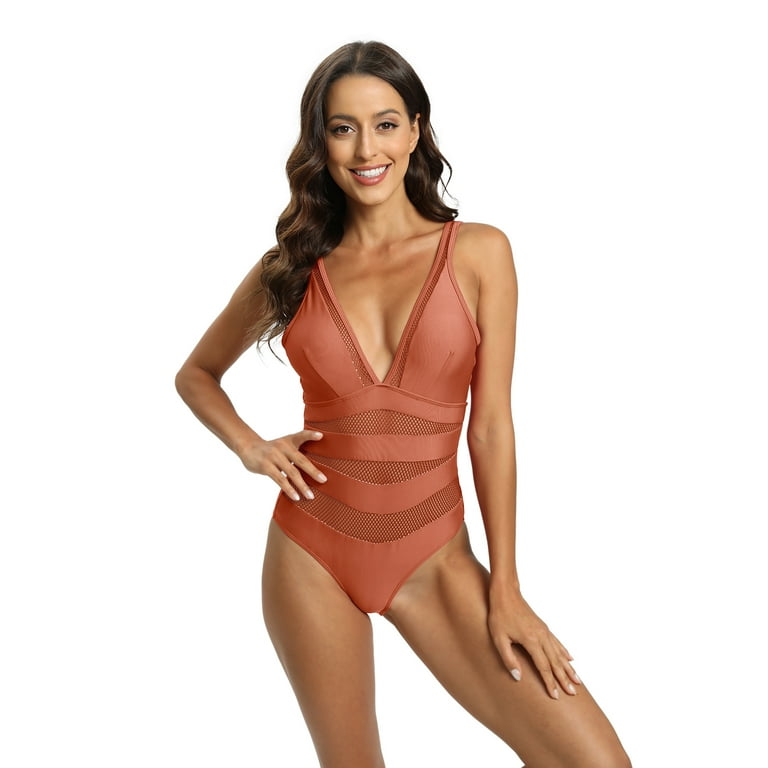 Valcatch Women One Piece Swimsuits Deep V Neck Mesh Sheer Tummy Control Bathing Suit Swimwear Walmart